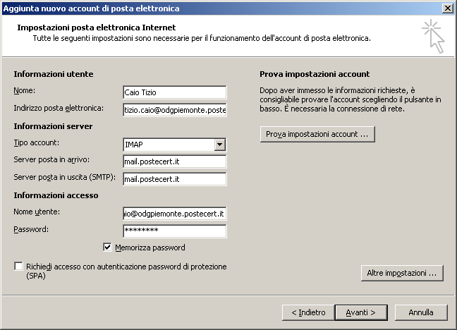 Spuntare Posta elettronica Internet Cliccare Avanti Selezionare IMAP dal menu a tendina del Tipo di account Inserire come server posta in