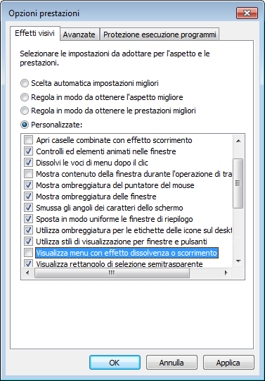 11. Fare clic su OK per chiudere la finestra di dialogo Memoria virtuale. 12. Fare clic su Applica. 13. Fare clic sulla scheda Effetti visivi. 14. Selezionare Personalizzate. 15.