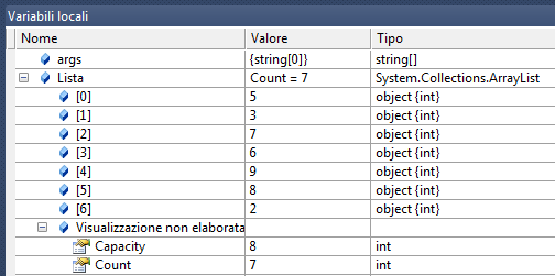 Risposta ai quesiti su ArrayList Quesiti: blocco A 1. Quali sono i valori nella lista? 2. Qual è il valore della proprieta Count della lista? 3.