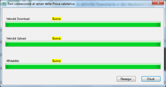 Figura 2 - Test qualità connessione con il server Terminato il test di connessione, verrà riportata una misurazione delle caratteristiche di Download, Upload ed Affidabilità della propria connessione