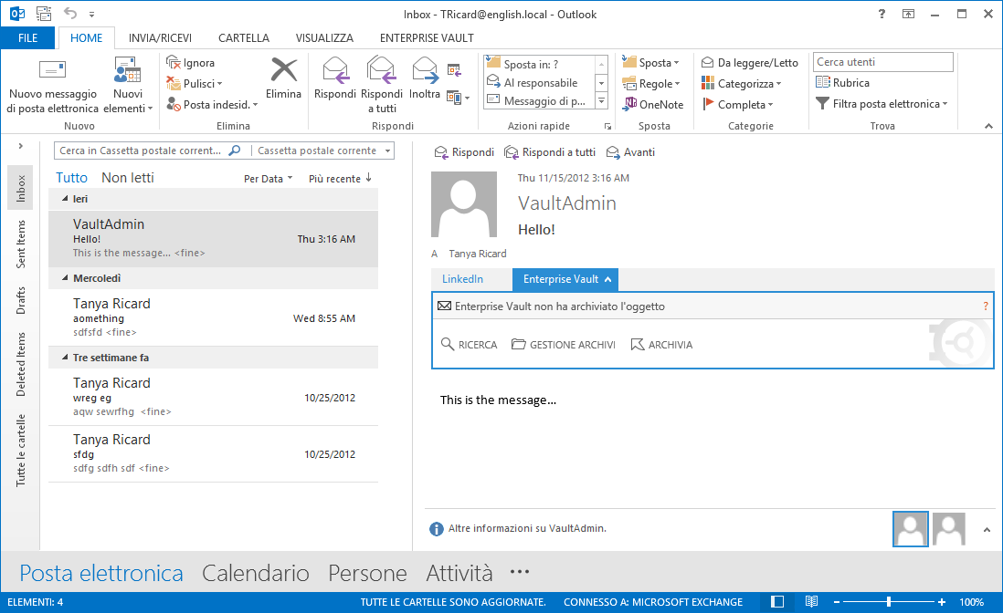 26 Opzioni e icone delle cassette postali di Enterprise Vault App di posta di Office in Enterprise Vault (solo Outlook 2013) App di posta di Office di Enterprise Vault Tenere presente i seguenti