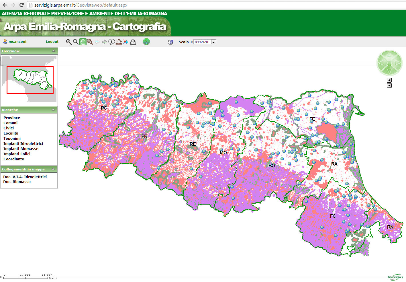 WEbGIS Arpa: esempio informazioni su vincoli ambientali WebGIS Arpa: vincoli per installazione di impianti a ROSSO aree ad elevata