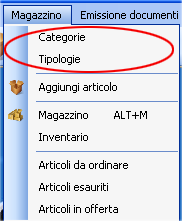 4. Magazzino La gestione del magazzino è suddivisa in: Gestione categorie; Gestione tipologie; Inserimento articolo; Magazzino; Inventario;