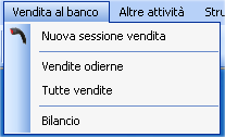 7. Vendite al banco La vendita al banco prevede: Nuova sessione vendita; Visualizzazione delle vendite odierne; Visualizzazione di tutte le vendite; Bilancio. 7.1.