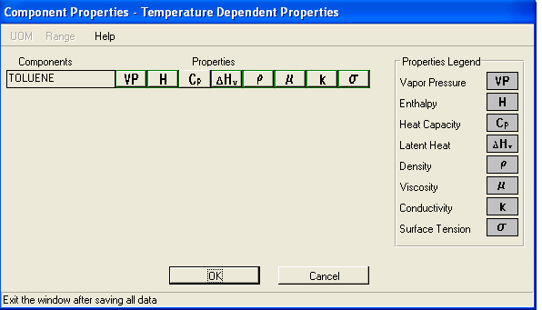 3. Proprietà dei componenti (COMPONENT PROPERTIES): massa molecolare, temperatura di ebollizione normale e tensione di vapore Una volta inseriti correttamente i componenti è possibile attraverso il