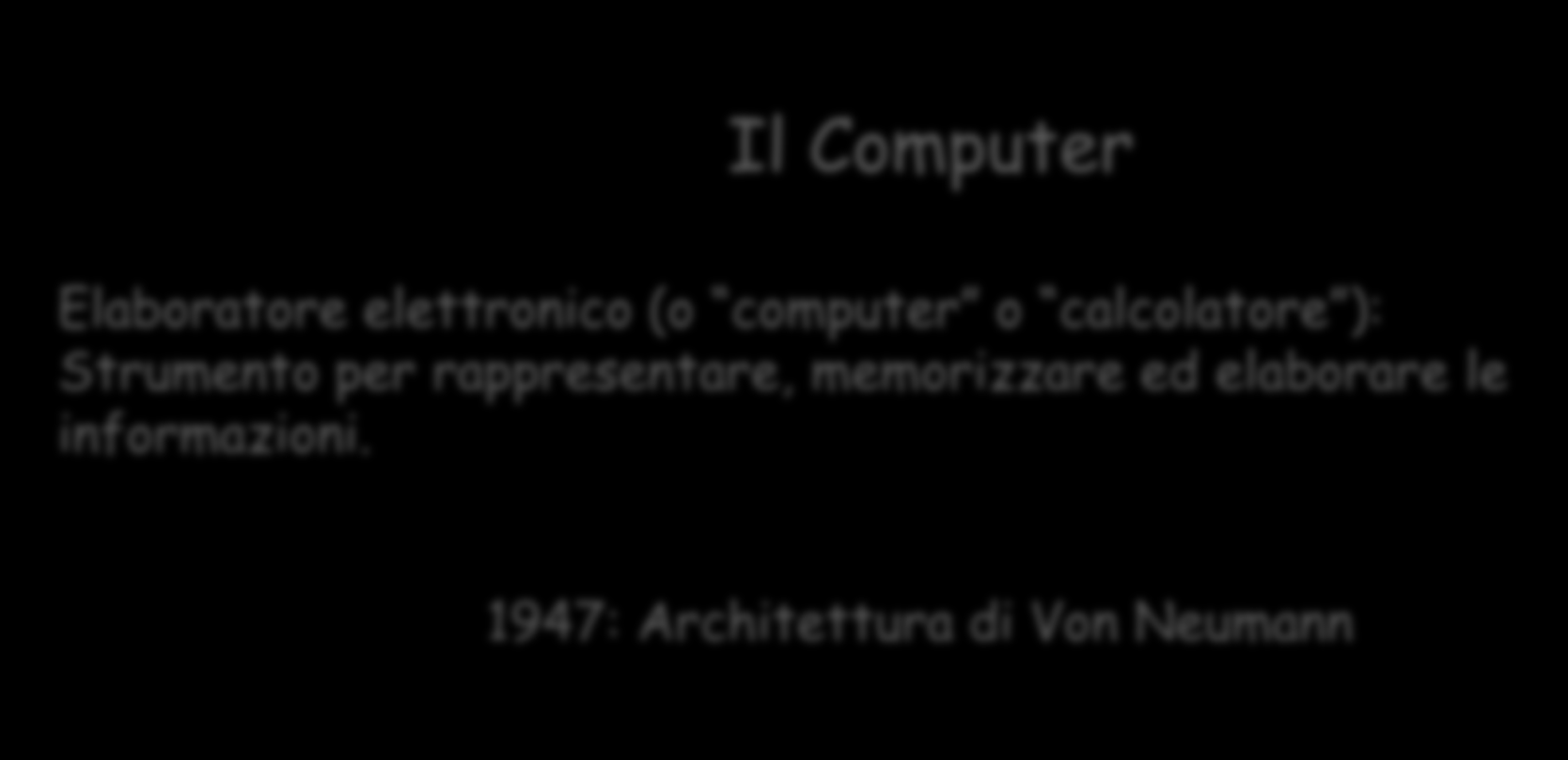 Il Computer Elaboratore elettronico (o computer o calcolatore ): Strumento per rappresentare, memorizzare ed elaborare le informazioni.