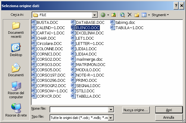 Pag.5 A questo punto dobbiamo creare o scegliere il file con l elenco di indirizzi. Ovviamente è consigliabile aver già preparato un documento di Word contenente una tabella con gli indirizzi.