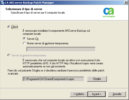 Opzioni di installazione Selezionare il tipo di server Selezionare il tipo di server per il computer locale. Le opzioni disponibili sono Server client e Server di gestione temporanea.