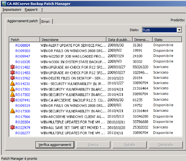 Informazioni sull'interfaccia grafica utente (GUI) di CA ARCserve Backup Patch Manager Riquadro Aggiornamento patch Quando la scheda Aggiornamento patch è selezionata, vengono visualizzate le