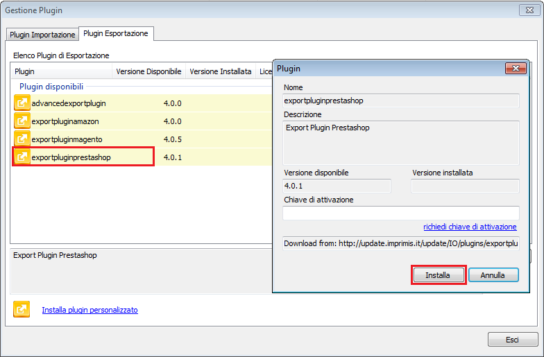 E' possibile inserire la chiave di attivazione del plugin se disponibile oppure accedere alla pagina di acquisto della nuova licenza per attivare tutte le funzionalità del plug-in.