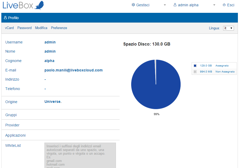 4.1.1 V CARD Accedendo al proprio profilo l Admin potrà scaricare la vcard, un formato di file per i biglietti da visita elettronici.