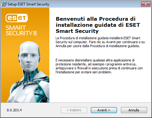 Installazione ESET Smart Security contiene componenti che potrebbero entrare in conflitto con altri prodotti antivirus o software di protezione installati sul computer dell'utente.