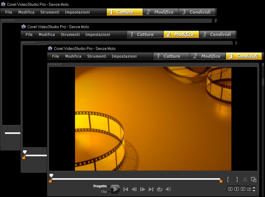 Comprendere lo spazio di lavoro Corel VideoStudio Pro suddivide il processo di modifica video in tre fasi fondamentali: cattura, modifica e condivisione.