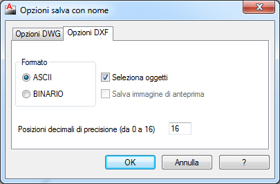 Una finestra sul mondo: comunicare con gli altri Figura 27.3 Strumenti, Opzioni Nella finestra di dialogo Opzioni salva con nome selezionate la scheda file DXF e in seguito Seleziona oggetti.