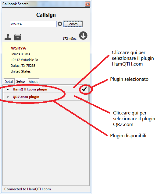 Configurazione di Callbooksearch Cliccando su Setup si accede alla configurazione dei plugins.