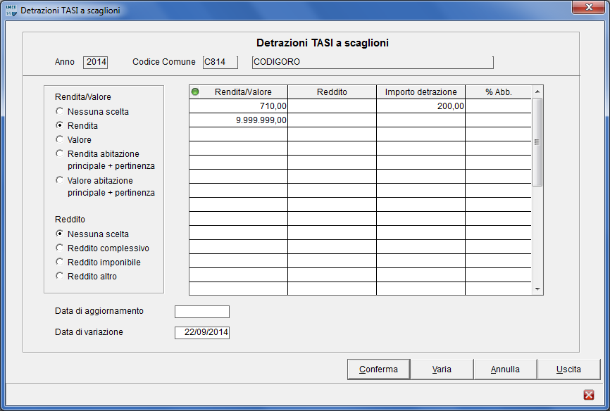 Comune di Codigoro Nel caso in cui la rendita ricade nello scaglione sino a 710 la procedura applica, per determinare la detrazione TASI, la seguente formula: 200 (Rendita Catastale x 0,2856) + 5.