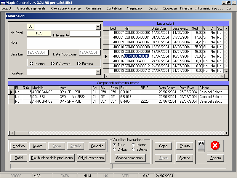 PRODUZIONE DEGLI ORDINI Dal portafoglio ordini è possibile programmare l effettiva lavorazione procedendo per data di evasione degli ordini, per modello, o per destinazione.