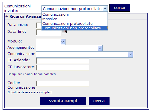 Gestione I filtri che è possibile inserire sono: Data inizio: Inserire la data da cui si vuole partire per effettuare la ricerca delle comunicazioni inserite, per facilitare l operazione è possibile