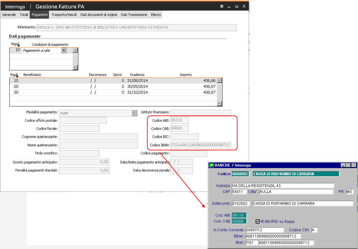 La stessa fattura importata in Fatel, invece, riporta i codici ABI, CAB e IBAN della banca del