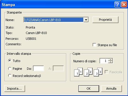 Stampare oggetti del database (tabelle, maschere, report, query) Per stampare una Tabella si esegue un clic sul pulsante Stampa sulla barra degli strumenti in modalità Foglio dati oppure sul comando