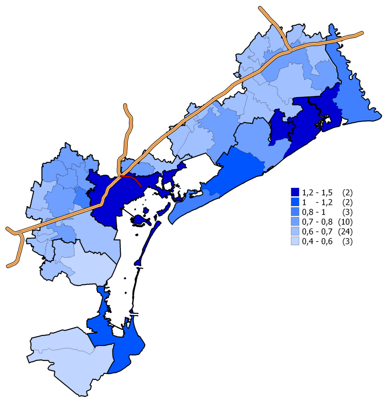 Figura 7: Mappa dei differenziali delle quotazioni medie comunali rispetto alla quotazione media provinciale Dalla Tabella 4 alla Tabella 7 sono riportati nel dettaglio, a livello di ogni singolo