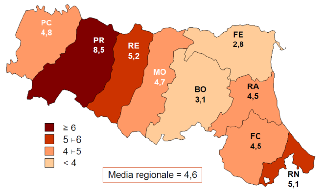 Figura 2 Incidenza di nuove diagnosi di infezione da HIV, per fasce di età e anno di diagnosi. Emilia-Romagna, 2006-2013.