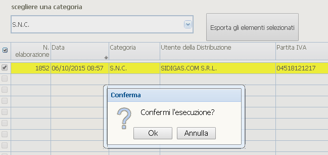 Qualora si selezionino flussi che non appartengono alla categoria impostata viene prodotta segnalazione di errore: In caso contrario si chiede conferma: Una volta confermato, viene scaricato un file