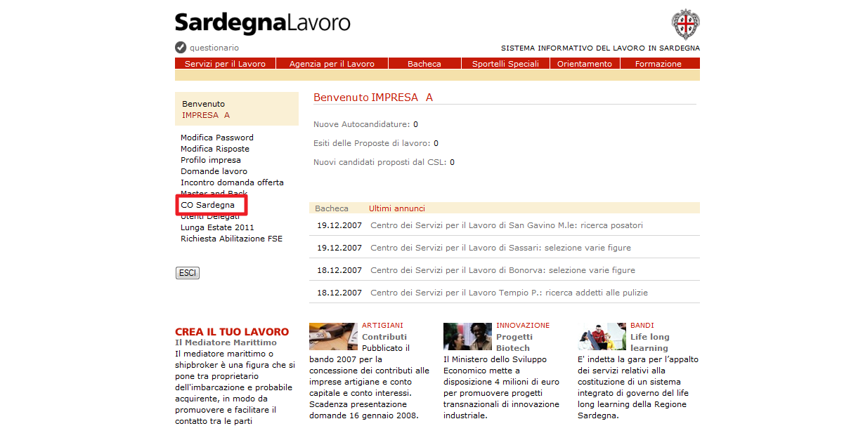 Figura 12"Accesso dell Impresa Accreditata" Alla selezione del link CO Sardegna (posto nel menù verticale di sinistra della pagina di benvenuto