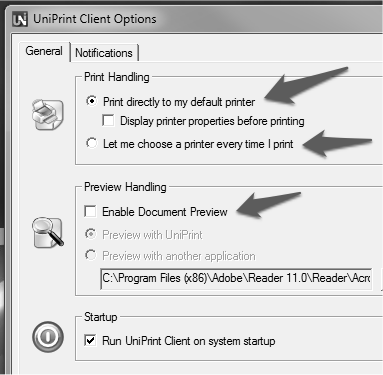 E anche possibile configurare il client UniPrint in modo da inviare direttamente le stampe alla stampante predefinita, evitando l anteprima di stampa.