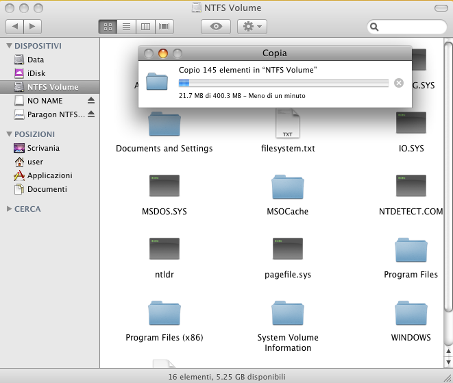 Utilizzo del driver 15 Una volta installato il driver, si dispone di un accesso completo in lettura/scrittura a qualsiasi tipo di NTFS, come se fosse nativo di Mac OS X.