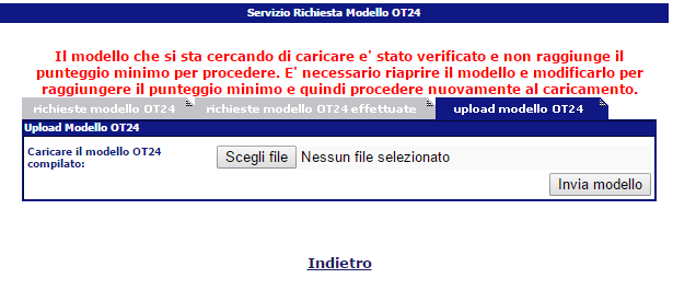 Se l'invio è andato a buon fine, il sistema visualizza la seguente schermata: Il modello inviato è sempre disponibile nella sezione Richieste modello OT24 effettuate.