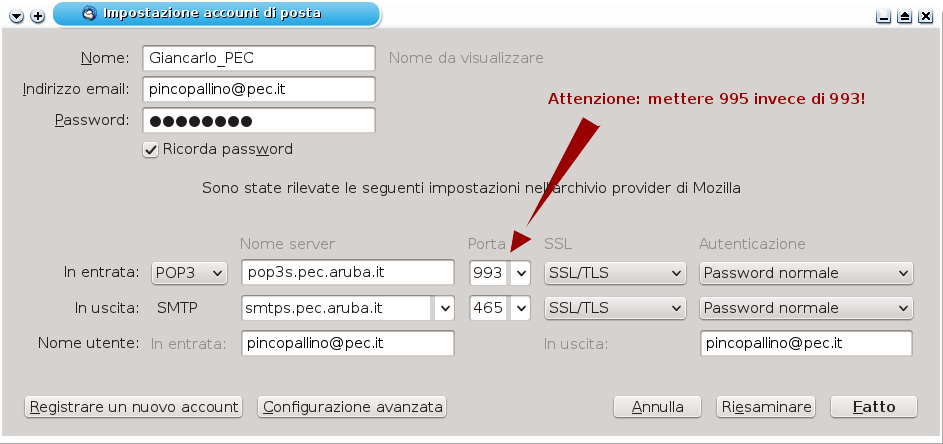 3) Ricerca delle impostazioni del server: sfruttando l'username, Thunderbird è in grado di rilevare automaticamente gli indirizzi dei server di posta di Aruba e impostare i dati predefiniti.