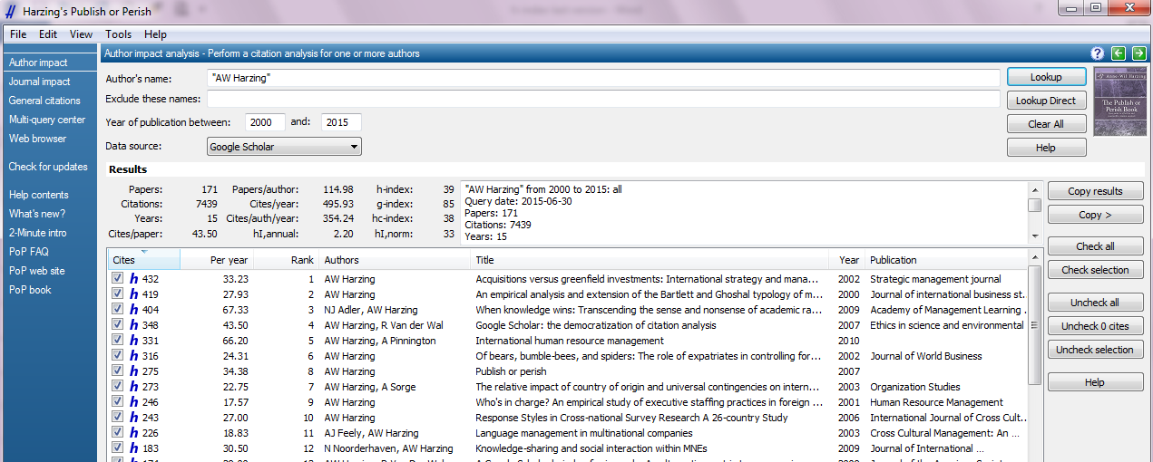 RECUPERARE L H-INDEX E IL CITATION INDEX DI UN AUTORE O DI UN ARTICOLO CON PUBLISH OR PERISH DA GOOGLE SCHOLAR Ann W.