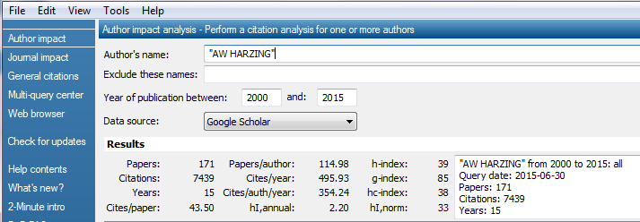 Nella pagina dei risultati sono presenti diversi indici citazionali tra i quali: il Citation Index complessivo o Citations, l h-index, il n. medio di citazioni per articolo, il n.