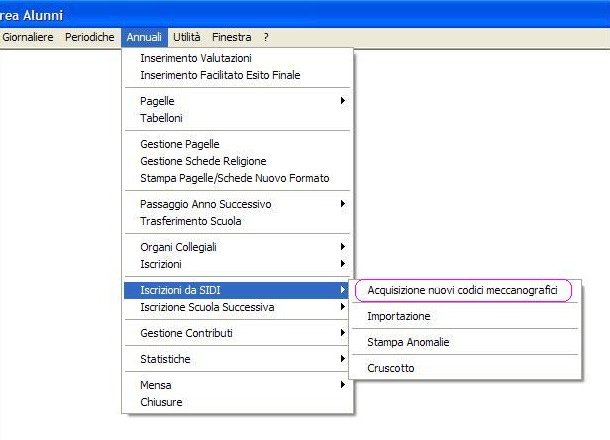 Acquisizione nuovi codici meccanografici La funzione, raggiungibile al percorso Annuali -> Iscrizioni da SIDI -> Acquisizione nuovi codici meccanografici permette all utente