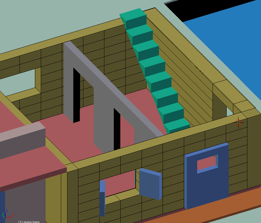 Passiamo agli interni Per modellare le scale, dobbiamo spegnere un po' di oggetti comi i muri, poi dobbiamo praticare un buco sul solaio e infine costruire 8 scalini.