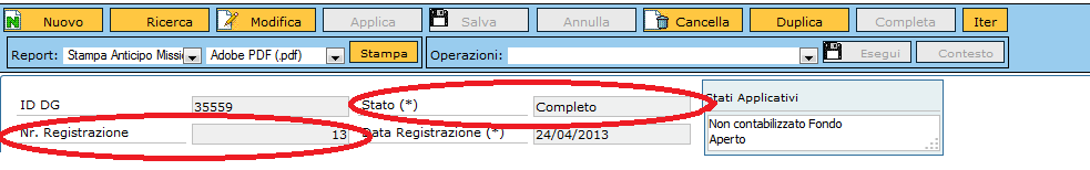 1.6 Completamento del DG Anticipo di Missione Inseriti i dati obbligatori dell estensione Coge, occorrerà completare il documento digitando sul pulsante, come mostrato in Fig. 19.