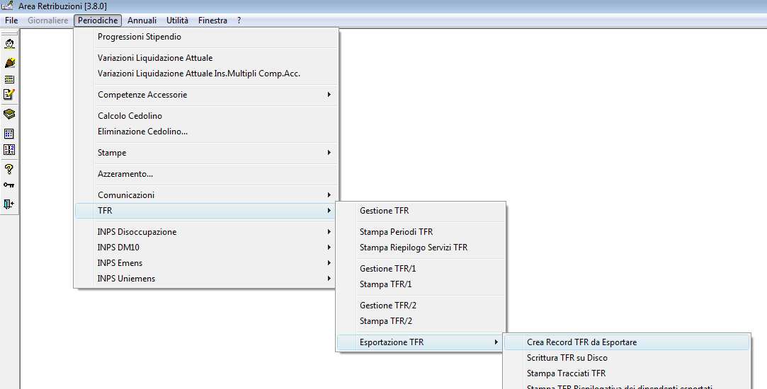 6 Produzione del File da trasmettere all INDPAP Terminata la fase di importazione dei servizi e della gestione TFR/1 o TFR/2 si deve procedere alla creazione del flusso TFR da trasmettere.