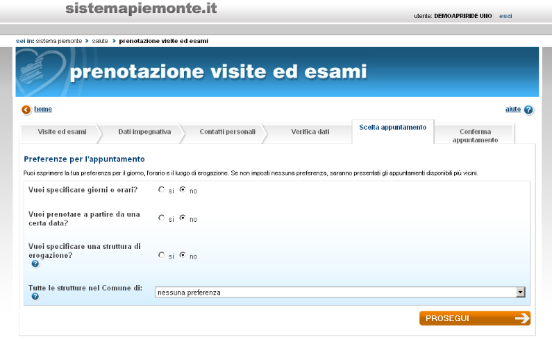 Dopo aver impostato le tue preferenze, clicca su prosegui per continuare la tua prenotazione.