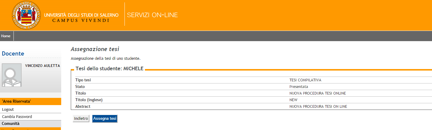 Tramite l icona (modifica dati tesi), si accede alla pagina contenente il titolo tesi e la tipologia indicata dallo studente (tesi di ricerca / compilativa).