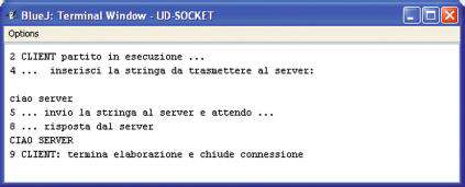 Java socket: realizzazione di un server TCP Lab. 2 Effettuiamo una sequenza completa di operazioni, digitando come stringa da tradurre ciao server.