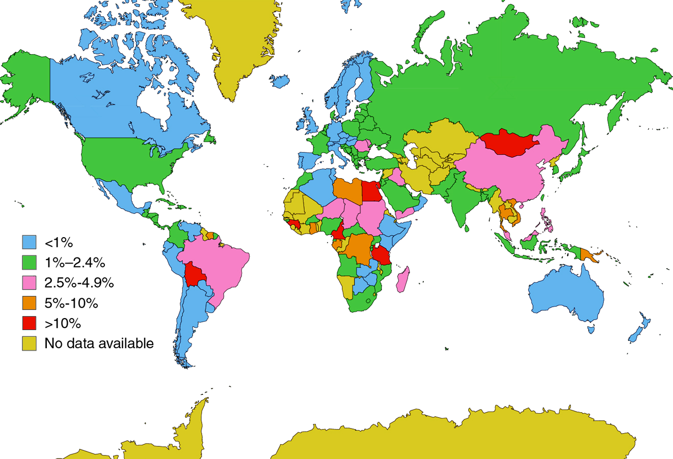 Infezione da HCV: prevalenza globale <1% 1% 2.4% 2.5<<1%% 4.