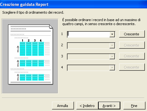 Si scelgono i campi disponibili da immettere nel report, li si seleziona e si clicca.