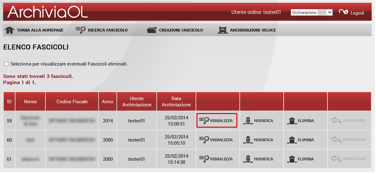 17 4.2.2 ArchiviaOL Gestione del singolo Fascicolo Nella pagina di Elenco Fascicoli, se già presenti fascicoli archiviati, questi sono contenuti all'interno di una tabella.