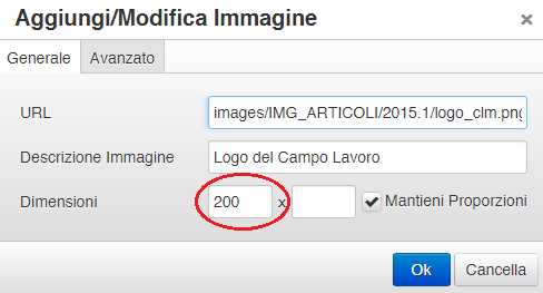 fig.): 17) Si aprirà la seguente finestra: Qui occorre agire sul campo Dimensioni.