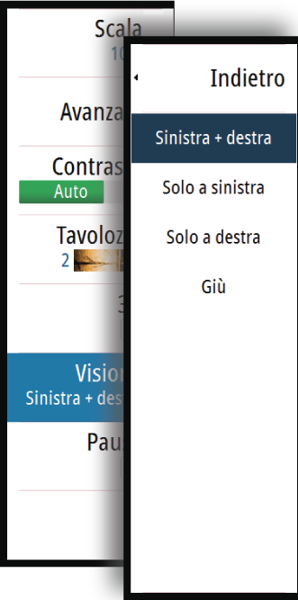 Opzioni di visualizzazione 2D La visualizzazione 2D può essere impostata come un'immagine DownScan o SideScan visualizzando la scansione lato sinistro, destro o sinistro+destro.