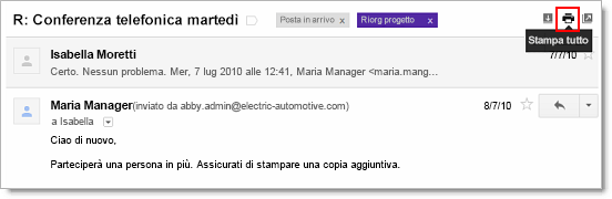 Stampa di parte di una conversazione 1 Apri il messaggio più recente che desideri stampare. 2 Fai clic sull'icona Mostra contenuti abbreviati per mostrare le email precedenti nella conversazione.