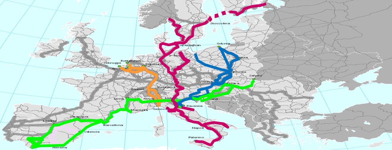 Fig. 4 Integrazione tra flussi camionistici provenienti da Sud-Est e Sud-Ovest e La Rete TEN-T che attraversa l Italia Corridoio