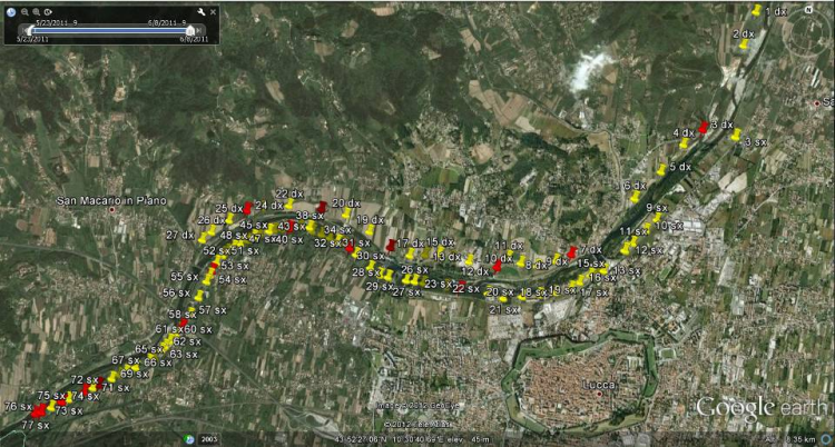 Caratterizzazione geotecnica: il caso del fiume Serchio presso Lucca - Icona rossa: la prova CPT è stata eseguita in prossimit à di un sondaggio geotecnico - Icona gialla: punti di esecuzione delle