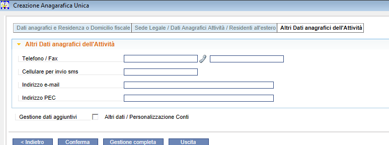 Integrazione da applicativo Multi Altri Dati anagrafici dell Attività Terminata la procedura di